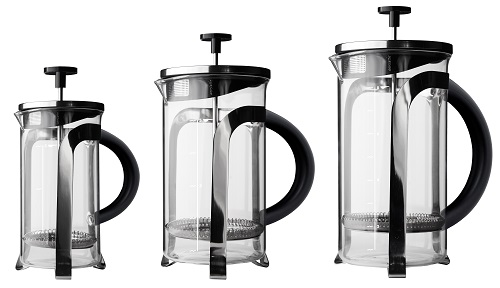 French Coffee maker sizes, 1 cup, 4 cup and a large 8 cup Bodum Chambord